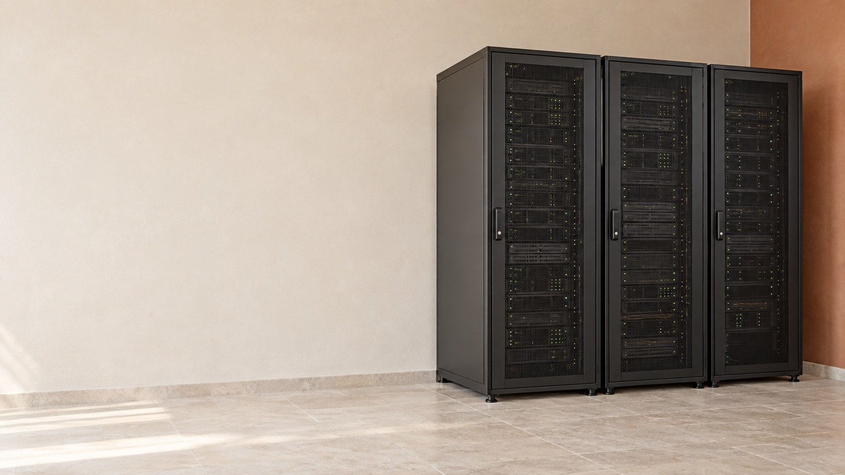 Three closed server cabinets illustrating a local AI deployment